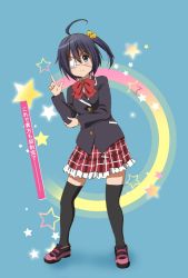 10s 1girl bad_id bad_pixiv_id black_hair blue_eyes chuunibyou_demo_koi_ga_shitai! eyepatch one_side_up plaid_clothes plaid_skirt school_uniform short_hair side_ponytail skirt takanashi_rikka thighhighs watanore zettai_ryouiki