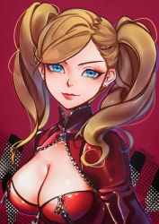 Rule 34 | 1girl, blonde hair, blue eyes, bodysuit, breasts, catsuit, cleavage, cleavage cutout, clothing cutout, earrings, hair ornament, hairclip, jacket, jewelry, leather, leather jacket, lipstick, long hair, long sleeves, makeup, march ab, medium breasts, persona, persona 5, red lips, smile, solo, sparkle, takamaki anne, twintails, upper body, zipper