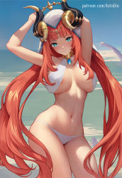 Rule 34 | 1girl, aqua eyes, areola slip, arms up, aztodio, bare arms, bare shoulders, bikini, breasts, commentary, cowboy shot, genshin impact, horns, large breasts, long hair, looking at viewer, navel, nilou (genshin impact), red hair, smile, solo, standing, stomach, swimsuit, thighs, veil, very long hair, white bikini, yellow horns