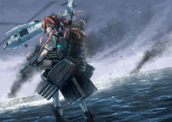 Rule 34 | 1girl, aircraft, black gloves, black skirt, closed mouth, didloaded, gloves, hair ribbon, headphones, headset, helicopter, holding, kagerou (kancolle), kantai collection, long hair, machinery, ocean, orange hair, outdoors, pantyhose, pleated skirt, pouch, profile, purple eyes, ribbon, rigging, shirt, short sleeves, sidelocks, skirt, sky, smoke, solo, standing, torpedo, torpedo tubes, vest, water, white pantyhose