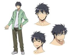 Rule 34 | 10s, 1boy, black hair, blank eyes, concept art, expressions, facial expressions, full body, hand on own hip, hood, hoodie, kurusu kimihito, male focus, monster musume no iru nichijou, multiple views, official art, shoes, short hair, simple background, smile, sneakers, white background