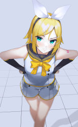 Rule 34 | 1girl, :s, aqua eyes, bad id, bad pixiv id, black sailor collar, blonde hair, blurry, blush, bow, closed mouth, commentary request, depth of field, detached sleeves, feet out of frame, fortissimo, grey background, hair ornament, hair ribbon, hairclip, hands on own hips, headphones, highres, kagamine rin, kagamine rin (vocaloid4), leaning forward, looking at viewer, neckerchief, number tattoo, orange bow, orange neckerchief, osanzi, ribbon, sailor collar, school uniform, serafuku, shirt, short hair, short shorts, short sleeves, shorts, shoulder tattoo, sidelocks, simple background, sleeveless, sleeveless shirt, solo, standing, swept bangs, tattoo, thigh gap, tile floor, tiles, v-shaped eyebrows, vocaloid, white ribbon, white shirt, white shorts