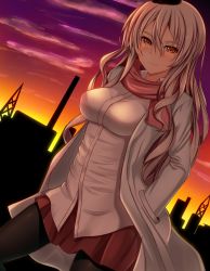 Rule 34 | 10s, 1girl, black pantyhose, breasts, coat, commentary request, hair between eyes, hands in pockets, highres, kantai collection, large breasts, long hair, looking at viewer, miniskirt, outdoors, pantyhose, pola (kancolle), red eyes, red scarf, red skirt, sazamiso rx, scarf, silver hair, skirt, smile, solo, twilight