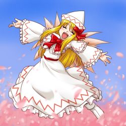 Rule 34 | 1girl, :d, ^ ^, blonde hair, bow, capelet, closed eyes, dress, fairy, female focus, full body, gradient background, hair bow, happy, hat, lily white, long hair, open mouth, outstretched arms, sash, smile, solo, spread arms, supon, touhou, wings