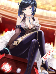 Rule 34 | 1girl, absurdres, artist name, asymmetrical gloves, bare shoulders, between breasts, black gloves, black hair, blue dress, blue hair, blunt bangs, blurry, bracelet, braid, breasts, card, casino card table, chinese clothes, choker, cleavage, commentary, commentary request, crossed legs, depth of field, diagonal bangs, dice, dress, earrings, elbow gloves, english commentary, fingerless gloves, fur-trimmed jacket, fur trim, genshin impact, gloves, green eyes, hand on own chest, high heels, highres, holding, holding card, jacket, unworn jacket, jewelry, large breasts, looking at viewer, mismatched gloves, mixed-language commentary, mole, mole on breast, neck tassel, parted bangs, parted lips, poker chip, short hair, sidelocks, single elbow glove, sitting, sitting on table, sleeveless, sleeveless dress, smile, table, thighs, white gloves, white jacket, whyte srsn, yelan (genshin impact)