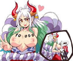 Rule 34 | 1girl, ahoge, aqua eyes, arm behind back, ass, body writing, breasts, breasts out, cleavage, collarbone, curled horns, green hair, horns, large breasts, lewdamone, long hair, looking at viewer, multicolored hair, multicolored horns, multiple views, navel, nipples, one piece, oni, open clothes, orange horns, red eyes, red horns, simple background, upper body, v-shaped eyebrows, very long hair, white background, white hair, yamato (one piece)