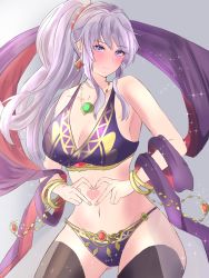 Rule 34 | 1girl, absurdres, bare arms, bare shoulders, black thighhighs, bracelet, breasts, cleavage, commentary request, cowboy shot, crop top, earrings, fire emblem, fire emblem: genealogy of the holy war, gluteal fold, grey background, heart, heart hands, highres, ishtar (fire emblem), jewelry, large breasts, long hair, looking at viewer, midriff, navel, necklace, nintendo, peli cantaro, ponytail, purple eyes, purple hair, shawl, sidelocks, smile, solo, stomach, thighhighs