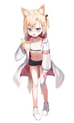 Rule 34 | 1girl, animal ear fluff, animal ears, bandaged leg, bandages, bandaid, bandaid on face, black ribbon, black shorts, blonde hair, blue eyes, bottle, commentary request, dolphin shorts, fang, flat chest, full body, hair between eyes, hair ribbon, hand on own leg, highres, holding, holding bottle, jacket, leaning forward, leg grab, long bangs, long sleeves, looking at viewer, mannack, midriff, navel, one side up, open clothes, open jacket, open mouth, original, ribbon, shoes, short hair, short shorts, shorts, simple background, single bare leg, skin fang, sneakers, solo, sports bra, sweat, tongue, tongue out, very sweaty, water bottle, white background, white footwear, white jacket, white sports bra
