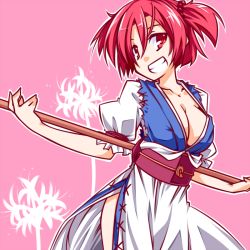 Rule 34 | 1girl, breasts, cleavage, female focus, flower, grin, hemogurobin a1c, hemogurobina1c, large breasts, onozuka komachi, red eyes, red hair, short twintails, skirt, smile, solo, spider lily, touhou, twintails, two side up