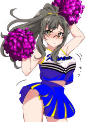Rule 34 | 10s, 1girl, :o, absurdres, blush, bouncing breasts, breasts, brown eyes, cheerleader, commentary request, embarrassed, futaba rio, ganbare ganbare (itou life), glasses, grey hair, hands up, highres, large breasts, long hair, looking at viewer, midriff, open mouth, pom pom (cheerleading), ponytail, qumata, seishun buta yarou, simple background, skirt, sleeveless, solo, white background, wind, wind lift