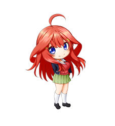 Rule 34 | 1girl, ahoge, arms behind back, black footwear, blush, breasts, chibi, closed mouth, collared shirt, dress shirt, eyebrows hidden by hair, go-toubun no hanayome, green skirt, hair between eyes, hair ornament, highres, kneehighs, kuena, large breasts, loafers, long hair, nakano itsuki, pleated skirt, purple eyes, red hair, shirt, shoes, simple background, skirt, smile, socks, solo, standing, star (symbol), star hair ornament, sweater vest, very long hair, white background, white shirt, white socks