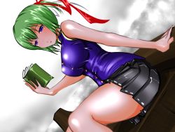 Rule 34 | 1girl, alternate breast size, alternate hairstyle, arm support, bare arms, bare shoulders, black skirt, blue eyes, blue vest, book, breasts, dutch angle, green hair, hair ribbon, jaja, large breasts, looking at viewer, open book, red ribbon, ribbon, shiki eiki, short hair, short ponytail, sitting, skirt, sleeveless, solo, touhou, vest, white ribbon