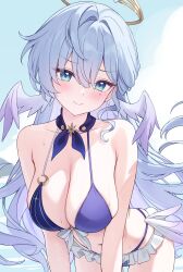 1girl absurdres aqua_eyes arched_back bare_shoulders bikini blue_bikini blue_hair blue_sky breasts catyu collarbone commentary_request cowboy_shot halo head_wings highres honkai:_star_rail honkai_(series) large_breasts long_hair looking_at_viewer navel robin_(honkai:_star_rail) sky smile solo stomach swimsuit thighs wings