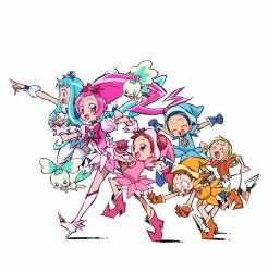 Rule 34 | 10s, 6+girls, absurdres, asuka momoko, blue skirt, boots, bow, brooch, brown hair, child, chypre (heartcatch precure!), closed eyes, coffret (heartcatch precure!), company connection, cover, cover page, creator connection, crossover, cure blossom, cure marine, eyelashes, fujiwara hazuki, hanasaki tsubomi, harukaze doremi, hat, heart, heart brooch, heartcatch precure!, highres, jewelry, knee boots, kurumi erika, magical girl, multiple girls, official art, ojamajo doremi, open mouth, pink bow, pink footwear, pink hat, precure, red hair, running, senoo aiko, simple background, skirt, smile, toei animation, umakoshi yoshihiko, white background