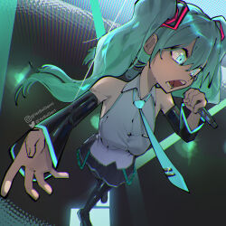 Rule 34 | 1girl, aqua necktie, black footwear, black skirt, black sleeves, boots, breasts, commentary, detached sleeves, english commentary, from above, green eyes, green hair, grey shirt, hair ornament, hatsune miku, highres, holding, holding microphone, long hair, medium breasts, microphone, music, necktie, neon trim, open mouth, shirt, singing, skirt, sleeveless, sleeveless shirt, solo, teeth, thigh boots, twintails, very long hair, vocaloid, walking, yerboidan1
