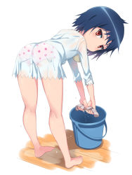 Rule 34 | 10s, 1girl, :/, ass, barefoot, bent over, black hair, blue hair, blush, bucket, cherry print, dress, feet, female focus, flat chest, food-themed clothes, food print, from side, full body, highres, holding, jewelry, legs, long sleeves, looking at viewer, looking back, maji moji rurumo, michairu, necklace, no bra, panties, pink panties, polka dot, polka dot panties, print panties, rag, red eyes, rurumo, see-through, short dress, short hair, simple background, solo, underwear, water, wet, wet clothes, white background, white dress, wooden floor, wringing