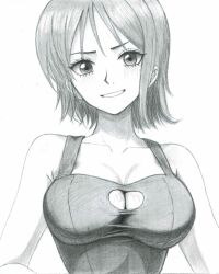 Rule 34 | 1girl, apron, bare shoulders, blush, breasts, cleavage, cleavage cutout, clothing cutout, collarbone, greyscale, highres, medium breasts, monochrome, naked apron, nami (one piece), one piece, sakura umituki, short hair, smile, traditional media, white background