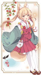 Rule 34 | 1girl, :d, animal, animal ear fluff, animal ears, bell, blush, bow, braid, brown eyes, brown footwear, brown hair, commentary, fish, flower, fox ears, fox girl, fox mask, fox tail, full body, goldfish, hakama, hakama skirt, highres, japanese clothes, jingle bell, kimono, long hair, long sleeves, looking at viewer, mask, open clothes, open mouth, original, red bow, red flower, red hakama, sandals, short eyebrows, skirt, sleeves past fingers, sleeves past wrists, smile, solo, symbol-only commentary, tail, thick eyebrows, thighhighs, tsukiyo (skymint), twintails, white background, white kimono, white thighhighs, wide sleeves, zouri