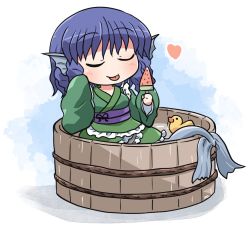 Rule 34 | 1girl, bird, blue hair, bucket, chibi, closed eyes, closed mouth, duck, fins, fish tail, food, frilled kimono, frills, fruit, full body, green kimono, head fins, heart, holding, holding food, japanese clothes, kimono, long sleeves, mermaid, monster girl, popsicle, purple sash, rokugou daisuke, sash, short hair, smile, solo, tail, tongue, tongue out, touhou, wakasagihime, watermelon, watermelon bar, wide sleeves, wooden bucket