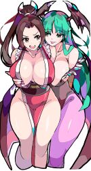 Rule 34 | 2girls, absurdres, black leotard, breasts, brown eyes, brown hair, cleavage, crossover, demon girl, demon wings, fatal fury, female focus, grabbing, grabbing another&#039;s breast, green eyes, green hair, head wings, highleg, highleg leotard, highres, large breasts, leotard, long hair, matching hair/eyes, morrigan aensland, multiple girls, open mouth, pantyhose, pelvic curtain, purple pantyhose, shiranui mai, thick thighs, thighs, tongue, tongue out, vampire (game), wings, yuri