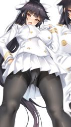 Rule 34 | 1girl, :o, azur lane, black hair, black pantyhose, blush, bow, breasts, brown eyes, cle masahiro, covered erect nipples, covered navel, crotch seam, fang, flying sweatdrops, gloves, hair bow, half gloves, hand on own hip, hand on own chest, highres, impossible clothes, jacket, large breasts, long hair, looking at viewer, looking down, military, military uniform, multiple views, open mouth, panties, panties under pantyhose, pantyhose, pleated skirt, ponytail, shiny clothes, simple background, skirt, takao (azur lane), thighband pantyhose, underwear, uniform, very long hair, white background, white gloves, white skirt