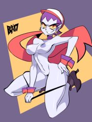 Rule 34 | 1girl, artist name, bigdead, breasts, colored skin, earrings, hand on ass, jewelry, large breasts, looking at viewer, navel, nipples, panties, panty pull, purple hair, purple skin, risky boots, shantae (series), skindentation, smile, solo, thick thighs, thighs, underwear