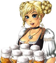Rule 34 | 1girl, alcohol, barmaid, beer, beer mug, blonde hair, blue eyes, breasts, cleavage, cup, curly hair, dirndl, german clothes, german text, jewelry, large breasts, lips, lowres, marie sann, mug, necklace, oktoberfest, puffy sleeves, solo, traditional clothes
