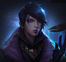 Rule 34 | 1boy, aphelios, artist name, artstation username, black gloves, black hair, black shirt, bowl, closed mouth, coat, collared shirt, commentary, crescent, crescent facial mark, english commentary, expressionless, facial mark, foritis wang, gloves, highres, jewelry, league of legends, male focus, moonlight, necklace, night, night sky, object floating above hand, outdoors, pink lips, purple coat, purple eyes, shirt, short hair, sky, solo, star (sky), starry sky, swept bangs, upper body, water, water drop
