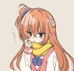 Rule 34 | 1girl, blue bow, blush stickers, bow, commentary request, grey background, hair between eyes, hand up, inaba meguru, jacket, long hair, long sleeves, natsuki teru, one side up, orange hair, parted lips, pink jacket, red eyes, sanoba witch, scarf, shirt, simple background, sleeves past wrists, solo, track jacket, translation request, upper body, white shirt, yellow scarf