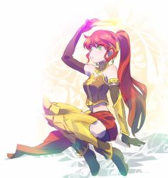 Rule 34 | 1girl, armor, blush, breasts, cleavage, collarbone, full body, gloves, green eyes, hair ornament, halo, iesupa, long hair, navel, open mouth, ponytail, pyrrha nikos, red hair, resolution mismatch, rwby, simple background, skirt, solo