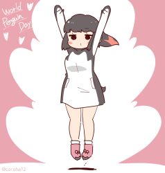 Rule 34 | 1girl, adelie penguin (kemono friends), arms up, black hair, boots, coroha, full body, gloves, headphones, jumping, kemono friends, long hair, looking at viewer, multicolored hair, penguin girl, penguin tail, pink background, red hair, shirt, simple background, socks, solo, tail, two-tone hair