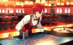 Rule 34 | 1boy, black gloves, bow, bowtie, buttons, casino, chair, cowboy shot, gloves, green eyes, happy elements, helios rising heroes, highres, indoors, long sleeves, looking at viewer, lower teeth only, male focus, official art, one eye closed, open mouth, otori akira, poker chip, red bow, red bowtie, red hair, red vest, shirt, short hair, solo, teeth, third-party source, vest, white shirt