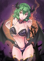 Rule 34 | 1girl, bare shoulders, black bra, black panties, bra, breasts, claw pose, commentary request, cowboy shot, demon horns, demon tail, demon wings, fingernails, green hair, groin, hair between eyes, hands up, head tilt, heart, highres, horns, kazami yuuka, lace, lace-trimmed bra, lace trim, large breasts, lipstick, looking at viewer, low wings, makeup, nail polish, navel, panties, purple background, purple lips, purple nails, red eyes, sharp fingernails, short hair, smile, solo, standing, stomach, tail, thighs, touhou, underwear, underwear only, wings, y2