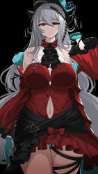 Rule 34 | 1girl, absurdres, ahoge, aqua gloves, aqua hat, arknights, arrow (symbol), arrow print, bare shoulders, black background, black necktie, bow, closed eyes, closed mouth, clothing cutout, detached sleeves, dress, frilled sleeves, frills, gloves, grey hair, hair between eyes, half-closed eyes, hat, hella p, highres, holding, long hair, navel, navel cutout, necktie, official alternate costume, over shoulder, red bow, red dress, red eyes, sidelocks, simple background, skadi (arknights), skadi the corrupting heart (arknights), skindentation, solo, thigh gap, thigh strap, twitter username, very long hair, wide sleeves