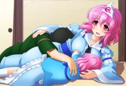 Rule 34 | 1boy, 2girls, artist self-insert, bad id, bad pixiv id, black hair, cameo, child, dual persona, family, hat, indoors, ko-yuyuko (shin&#039;en), mother and daughter, multiple girls, open mouth, pink hair, red eyes, saigyouji yuyuko, shin&#039;en-san (shin&#039;en), shin&#039;en (gyokuro company), short hair, touhou, triangular headpiece