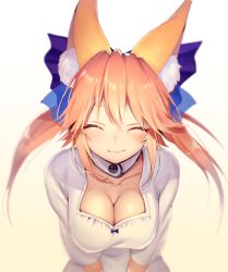 Rule 34 | 1girl, ^ ^, animal ear fluff, animal ears, blue bow, blush, bow, breasts, choker, cleavage, closed eyes, closed mouth, commentary request, dress, fate/grand order, fate (series), fox ears, fox girl, gradient background, hair bow, long hair, mogullaz, official alternate costume, pink hair, sidelocks, smile, solo, tamamo (fate), tamamo no mae (fate/extra), white choker, white dress, yellow background