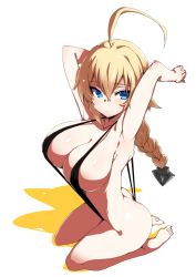 Rule 34 | 1girl, ahoge, armpits, ass, bad anatomy, bare arms, bare legs, barefoot, black one-piece swimsuit, blazblue, blazblue: central fiction, blonde hair, blue eyes, braid, breasts, cleavage, curvy, es (xblaze), from above, full body, hair between eyes, hair ornament, halterneck, huge ahoge, kaname nagi, large breasts, long hair, looking at viewer, one-piece swimsuit, seiza, single braid, sitting, slingshot swimsuit, solo, swimsuit, white background, xblaze, xblaze code: embryo