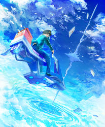 Rule 34 | 1boy, above clouds, aircraft, blue jacket, blue pants, blue sky, blue theme, cloud, cloudy sky, commentary request, day, floating island, flying, from side, giant tree, hat, jacket, kaitan, letter, long sleeves, mailman, male focus, original, outdoors, pants, riding, scenery, science fiction, shoes, sky, solo, tower, tree, vortex