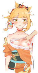 Rule 34 | 1girl, arm tattoo, bandages, bare shoulders, blonde hair, blush, breasts, butterfly choker, chest sarashi, chest tattoo, clothes lift, collarbone, fish tattoo, flower tattoo, genshin impact, grabbing, grabbing another&#039;s breast, hand under clothes, highres, japanese clothes, kimono, lifting another&#039;s clothes, looking away, medium breasts, nipples, off shoulder, orange kimono, sarashi, tattoo, upper body, white background, yellow eyes, yoimiya (genshin impact), yyboy