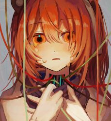 Rule 34 | 1girl, a.i. voice, adachi rei, android, cable, collar tug, crying, crying with eyes open, grey background, hair over one eye, hashtag-only commentary, headlamp, highres, looking at viewer, medium hair, orange eyes, orange hair, parted lips, portrait, solo, tears, turtleneck, utau, xelan0m