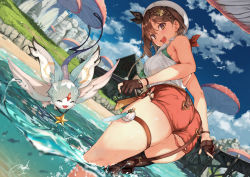 Rule 34 | 1girl, :d, ass, atelier (series), atelier ryza, bare shoulders, beach, black thighhighs, blue sky, braid, breasts, brown eyes, brown gloves, brown hair, building, character request, creature, day, feathers, flying, garter straps, gloves, hat, highres, large breasts, leaning forward, looking back, maki (maki pei), mushroom, open mouth, outdoors, partially fingerless gloves, red shorts, reisalin stout, shirt, short hair, short shorts, shorts, signature, single thighhigh, sky, sleeveless, sleeveless shirt, smile, star (symbol), thigh strap, thighhighs, thighs, wading, water, white headwear, white shirt, wristband