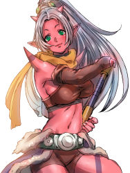 Rule 34 | 1girl, arm strap, armpits, backlighting, bad id, bad pixiv id, belt, bike shorts, blue skirt, blush, breasts, bridal gauntlets, closed mouth, club (weapon), collar, colored skin, cowboy shot, demon girl, dragon quest, dragon quest x, fingernails, fur trim, green eyes, grey hair, hair ornament, hand on hilt, high ponytail, highres, holding, holding weapon, horns, katou teppei, large breasts, light smile, long fingernails, long hair, looking at viewer, maiyu (dq10), midriff, navel, ogre (dq10), pointy ears, ponytail, red skin, scarf, shirt, shorts, showgirl skirt, sideboob, simple background, sketch, skirt, smile, solo, spikes, sports bra, square enix, standing, tattoo, taut clothes, taut shirt, weapon, white background, yellow scarf