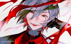 Rule 34 | 1boy, ambiguous red liquid, black choker, black gloves, character name, choker, evil eyes, evil smile, fulgur ovid, gloves, hair between eyes, highres, looking at viewer, male focus, nijisanji, nijisanji en, open mouth, portrait, red choker, red eyes, short hair, simple background, smile, solo, upper body, vibexx77, virtual youtuber, white background