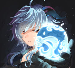 Rule 34 | 1girl, ahoge, black gloves, black shirt, blue hair, closed mouth, collared shirt, ganyu (genshin impact), genshin impact, gloves, hinagi (fox priest), holding, looking at object, multicolored eyes, orb, shirt, solo