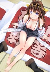 Rule 34 | 10s, 1girl, ahoge, bare legs, bare shoulders, barefoot, blue eyes, blush, boots, unworn boots, breasts, brown hair, detached sleeves, double bun, downblouse, feet, from above, futon, hair ornament, hairband, headgear, highres, japanese clothes, kantai collection, kongou (kancolle), kuon (break through), kyuuen, large breasts, legs, long hair, looking up, nontraditional miko, panties, pantyshot, personification, sitting, skirt, smile, solo, tatami, thigh boots, thighhighs, underwear, upskirt