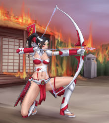 Rule 34 | 1girl, absurdres, aiming, armor, armored legwear, arrow (projectile), bad id, bad pixiv id, bandaged arm, bandages, banner, bikini armor, black eyes, black hair, blood, blood from mouth, blood on face, blood stain, bow (weapon), breasts, broken armor, burning, burning building, character request, chinese commentary, cleavage, clenched teeth, command &amp; conquer, commentary request, electricity, fire, full body, gauntlets, green-tinted eyewear, groin, headband, highres, holding, holding bow (weapon), holding weapon, house, injury, japanese armor, kusazuri, long hair, medium breasts, midriff, navel, on one knee, outdoors, parted bangs, pelvic curtain, ponytail, quiver, red alert 3, red armor, sandals, sashimono, scouter, shoulder armor, solo, stone lantern, sweat, teeth, tinted eyewear, torn clothes, visor (armor), weapon, white headband, white legwear, yeklsa