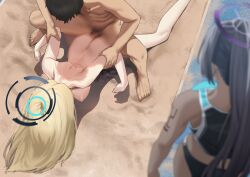 Rule 34 | 1boy, 2girls, absurdres, arched back, arm grab, ass, black hair, blonde hair, blue archive, blur censor, blurry, breasts, buruma, censored, commentary request, completely nude, dark-skinned female, dark skin, depth of field, hair down, halo, hanging breasts, highres, karin (blue archive), lifting person, long hair, looking at another, looking down, male pubic hair, medium breasts, motion blur, multicolored hair, multiple girls, nipples, nude, outdoors, penis, pubic hair, ramanda, rough sex, sand, sex, sex from behind, sports bra, squatting, streaked hair, toki (blue archive), track uniform