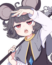 Rule 34 | 1girl, absurdres, ahoge, animal ears, black dress, blush, capelet, dowsing rod, dress, grey capelet, grey hair, highres, jewelry, kame (kamepan44231), long sleeves, mouse ears, mouse tail, nazrin, open mouth, pendant, red eyes, short hair, simple background, solo, tail, teeth, touhou, upper body, upper teeth only, white background