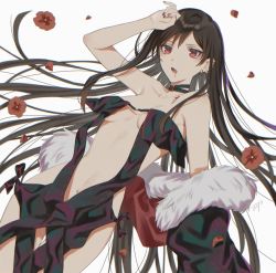 Rule 34 | 1girl, arm up, bare shoulders, black choker, black dress, blood, blood on face, breasts, brown hair, choker, collarbone, commentary request, dress, ear piercing, fang, fang out, fate/grand order, fate (series), flower, fur-trimmed jacket, fur trim, hair between eyes, hand on own head, highres, jacket, long hair, looking at viewer, lying, medium breasts, nail, nail polish, navel, open clothes, open mouth, oshage (osyage921), petals, piercing, red flower, revealing clothes, simple background, solo, strapless, strapless dress, vampire, very long hair, white background, yu mei-ren (fate)