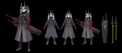 Rule 34 | 1girl, absurdres, black background, black footwear, black skirt, blue eyes, boots, carrying, carrying under arm, closed mouth, grey hair, hair between eyes, headgear, high heel boots, high heels, highres, horns, long hair, looking at viewer, multiple views, original, short twintails, simple background, skirt, smile, standing, sunligh mao, sword, turnaround, twintails, weapon